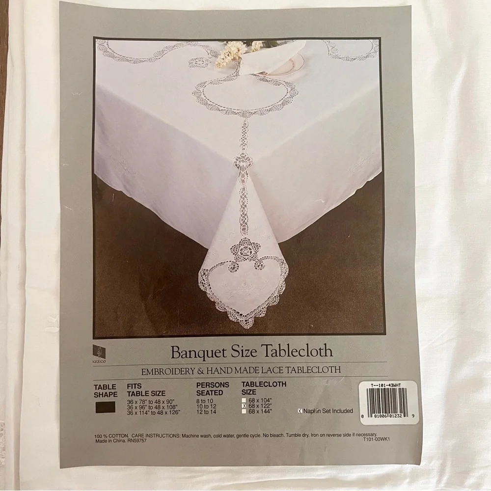 NIP Keeco 100% Cotton Embroidery & Hand Made‎ Lace Tablecloth & Napkins 68
